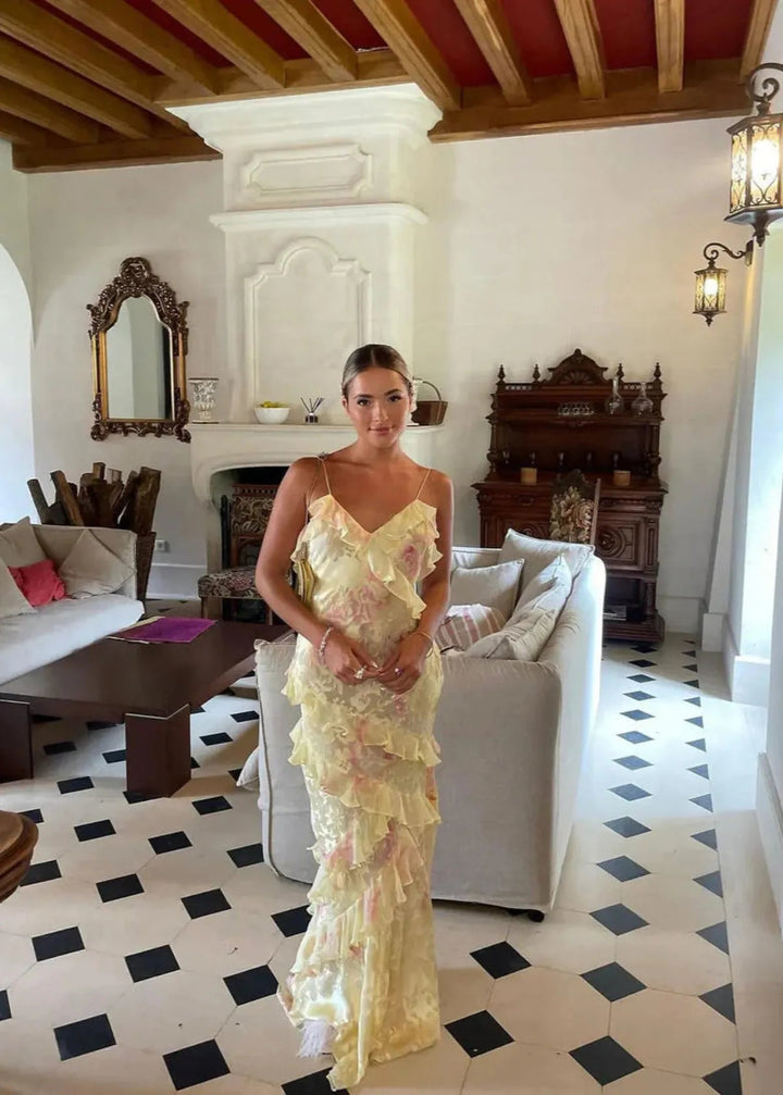 Airborne Yellow Floral Maxi Dress With Ruffles