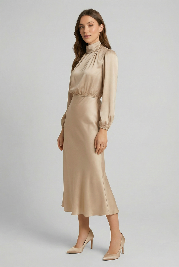 Women's Elegant High-Waist Satin Midi Dress