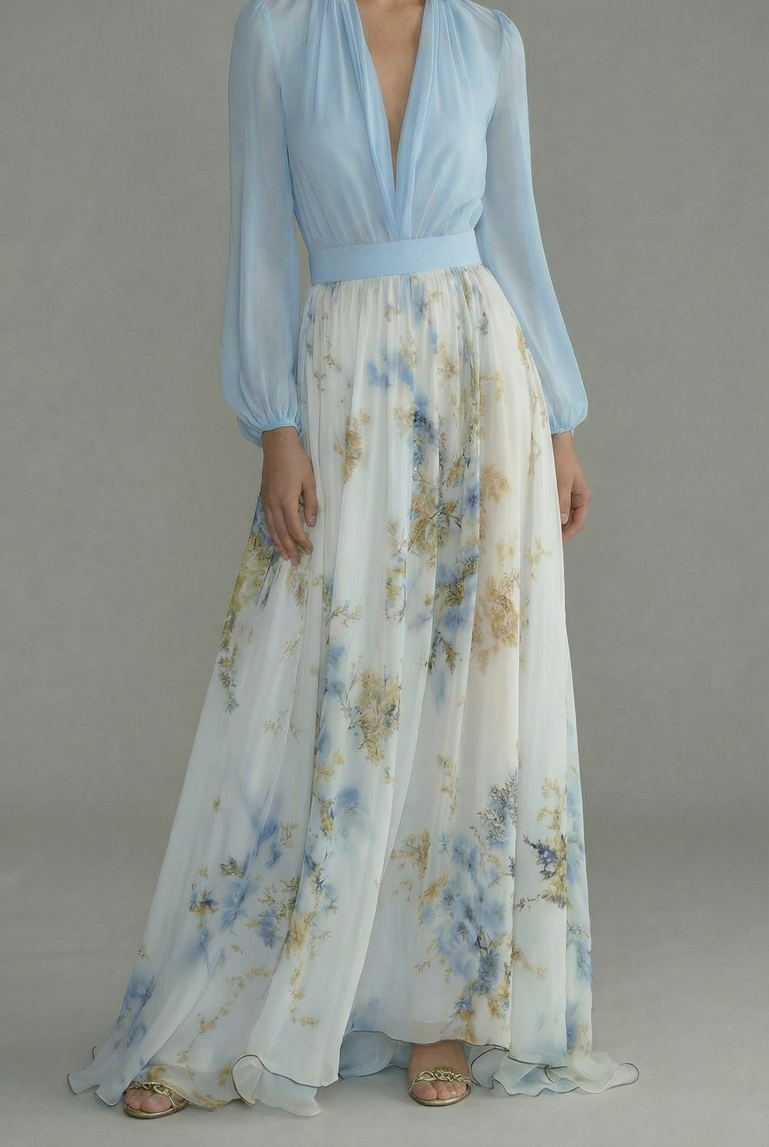 Women's Ascot Elegant Blue Floral Sheer Maxi Dress