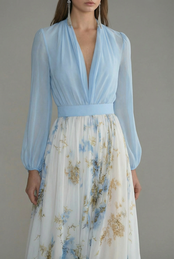 Women's Ascot Elegant Blue Floral Sheer Maxi Dress