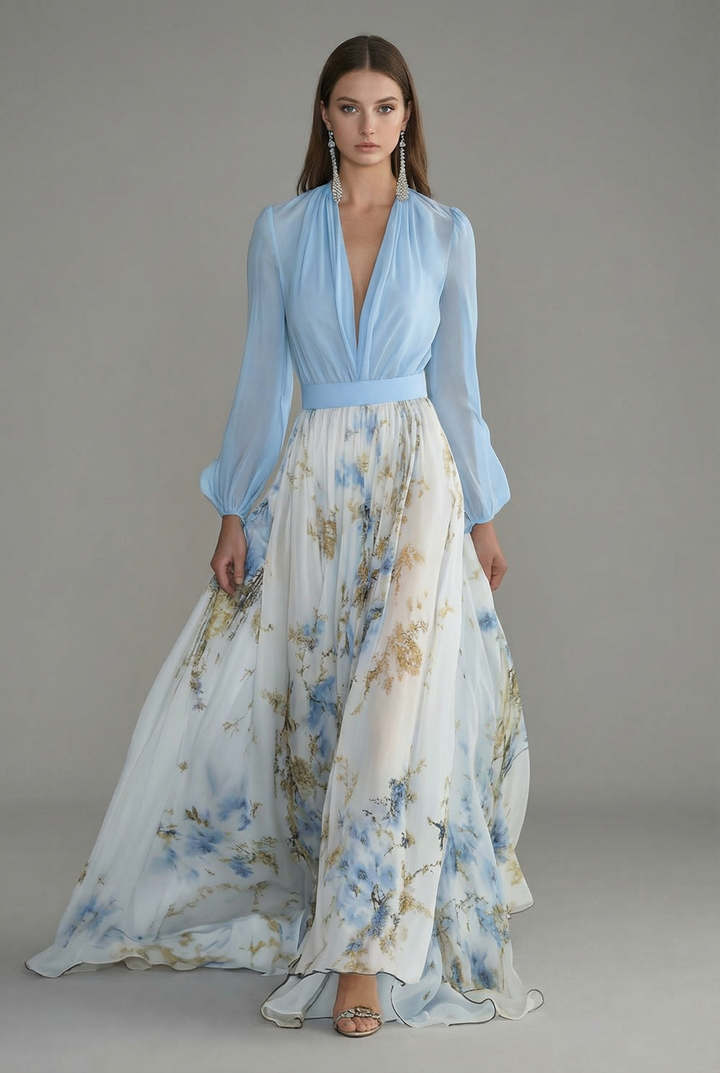 Women's Ascot Elegant Blue Floral Sheer Maxi Dress