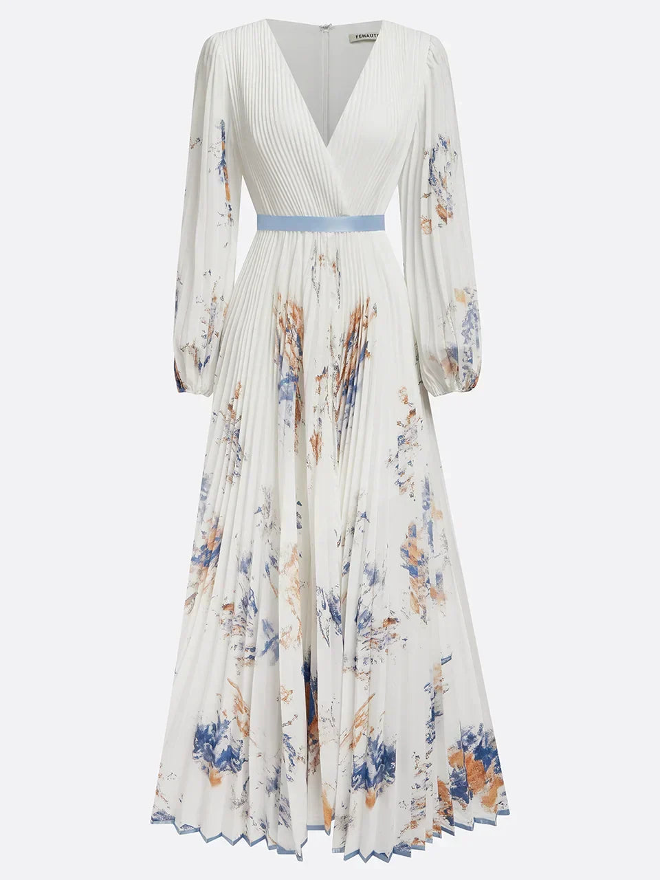 Watercolor Floral Pleated Maxi Dress with V-Neckline