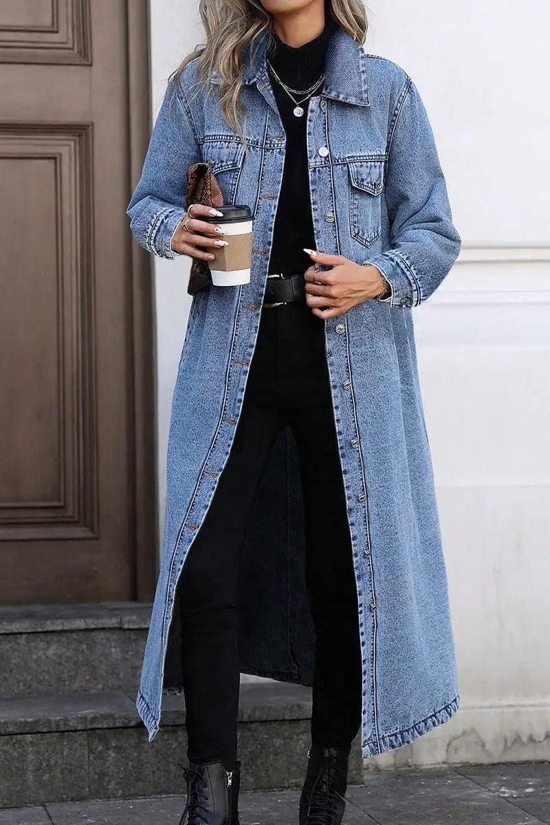 Long Denim Jacket with Relaxed Button-Front Fit