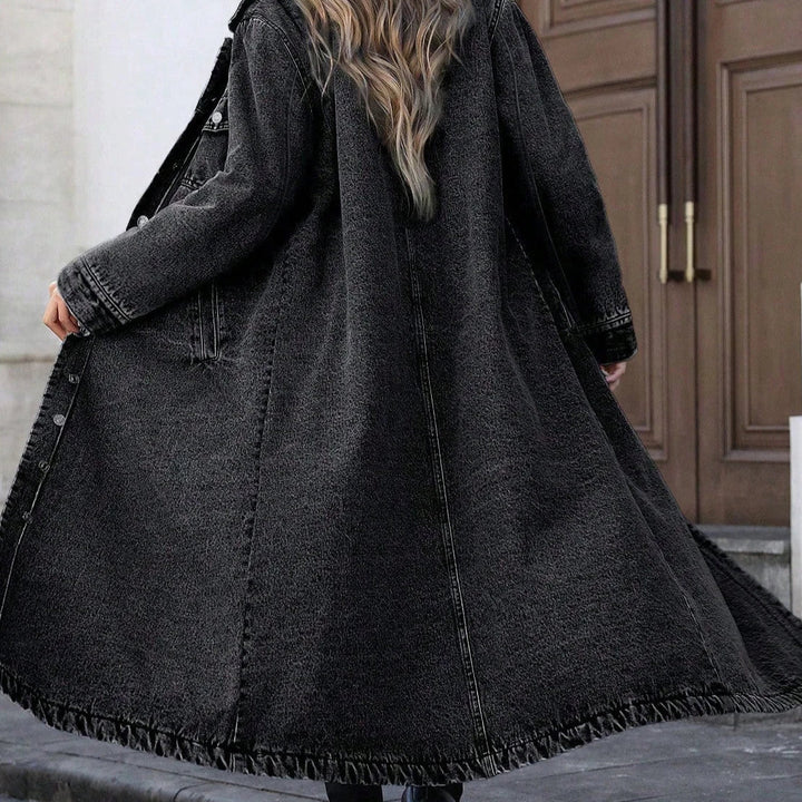 Long Denim Jacket with Relaxed Button-Front Fit
