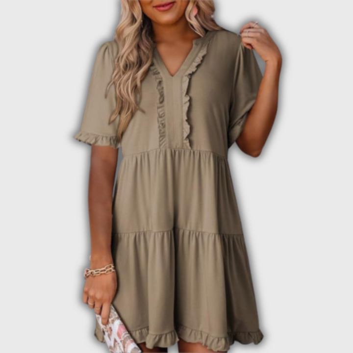 SHAILA – Relaxed Mini Dress with V-Neck & Ruffle