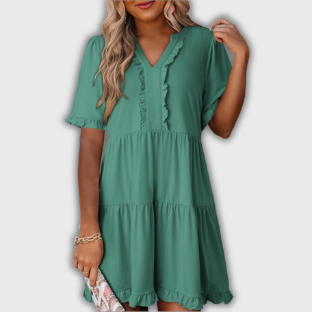 SHAILA – Relaxed Mini Dress with V-Neck & Ruffle