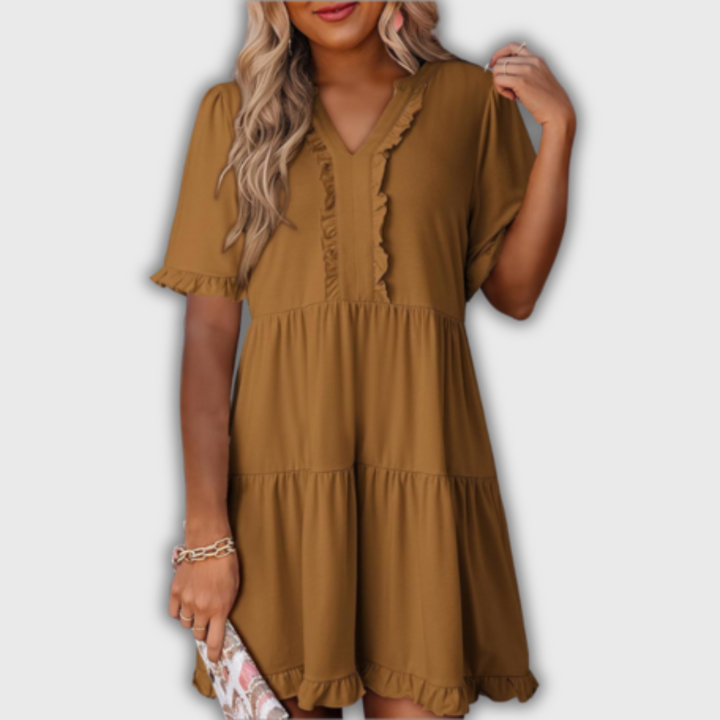 SHAILA – Relaxed Mini Dress with V-Neck & Ruffle