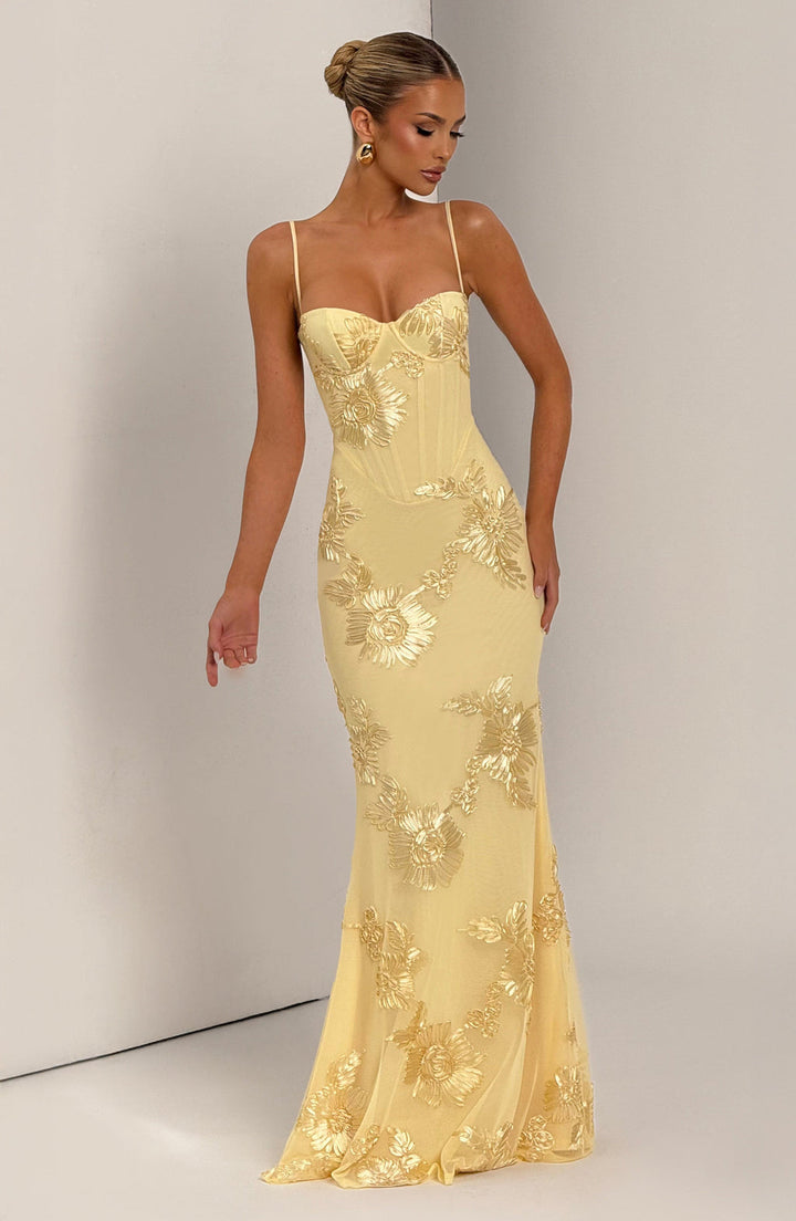 Floral Jacquard Corset Bodice Maxi Dress
