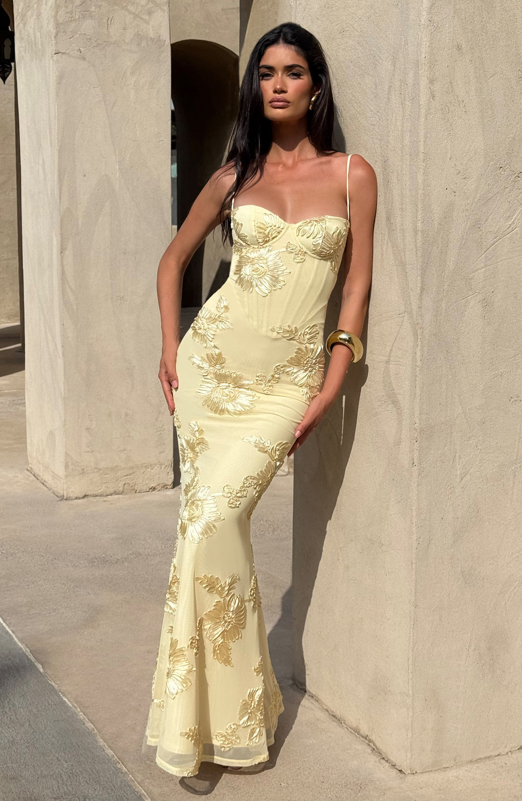 Floral Jacquard Corset Bodice Maxi Dress
