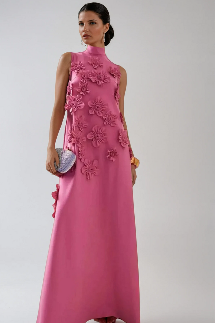 Flower Embellished Sleeveless Summer Evening Maxi Dress