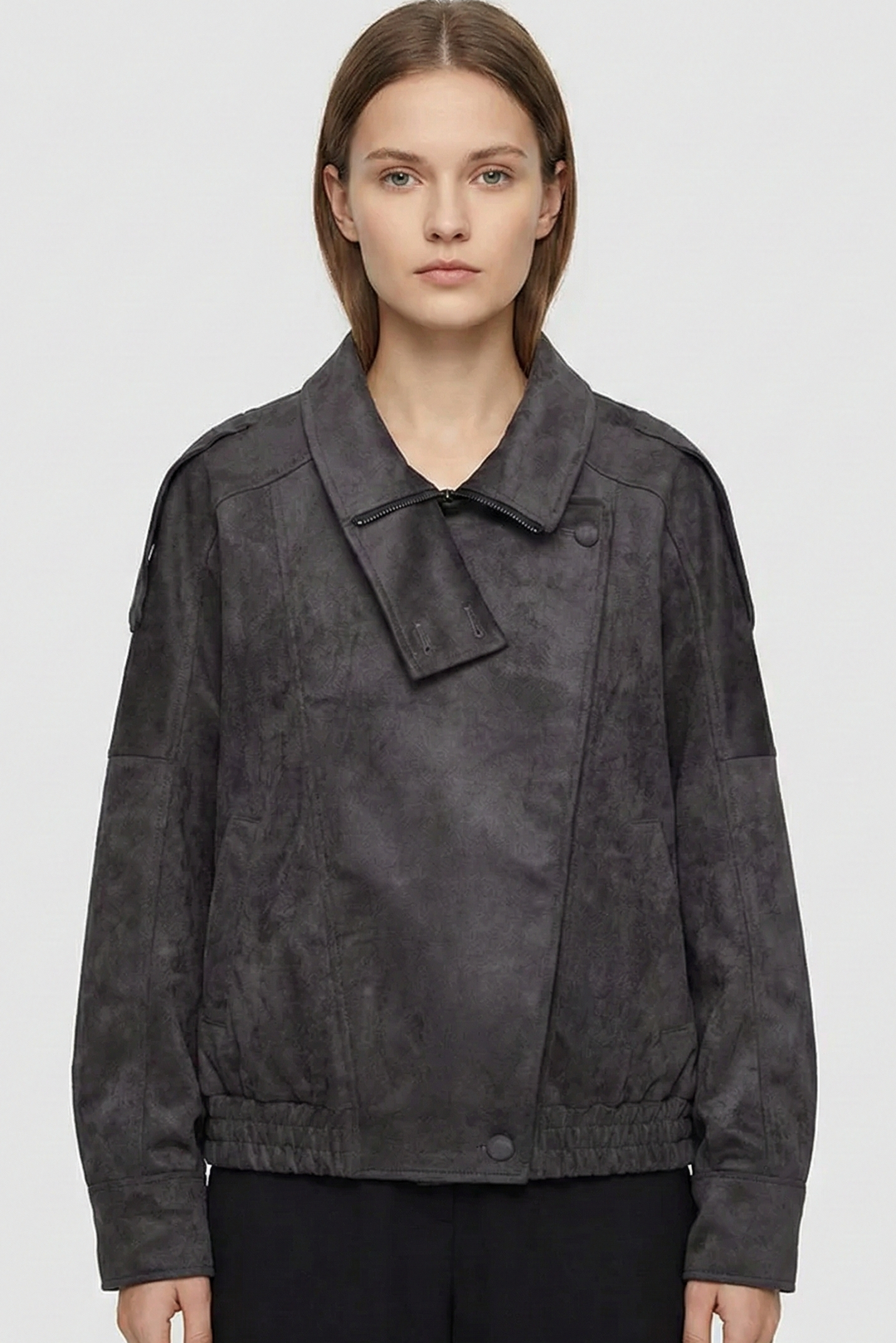 Faux Suede Bomber Jacket with Modern Utility Fit