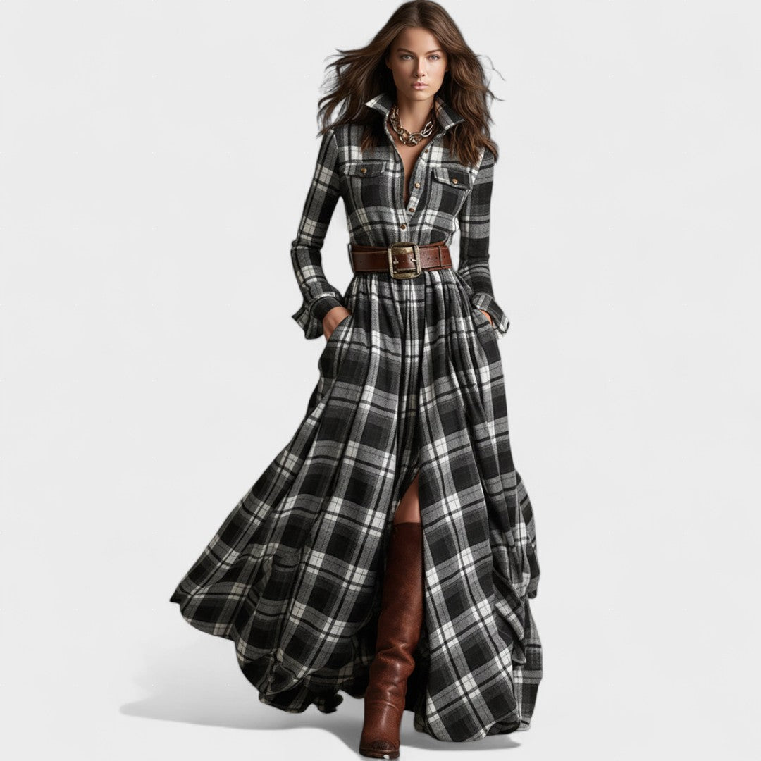 Clara | Maxi dress with belt and tartan pattern