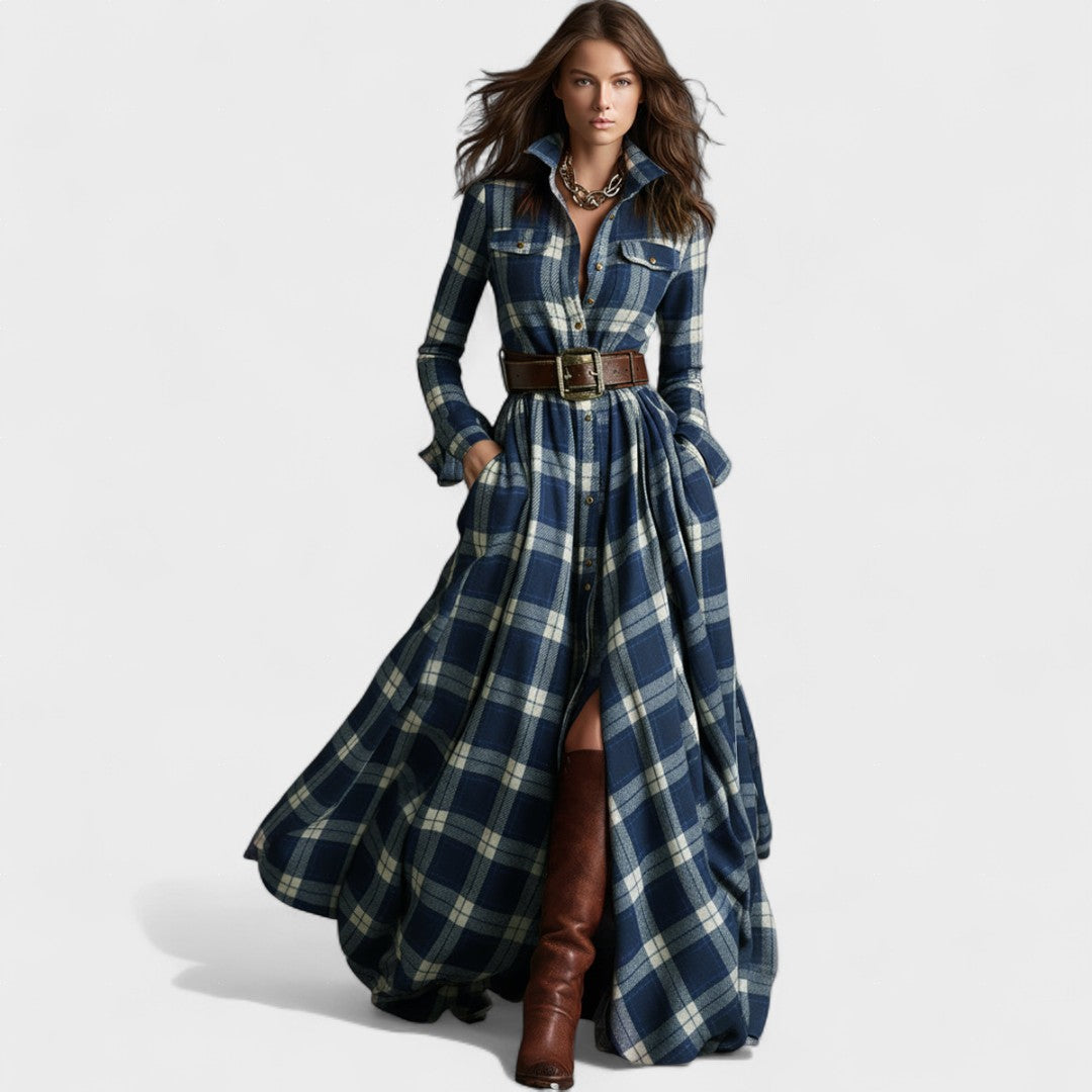 Clara | Maxi dress with belt and tartan pattern