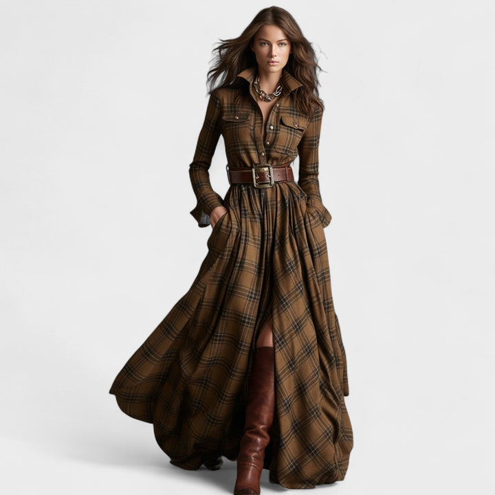 Clara | Maxi dress with belt and tartan pattern