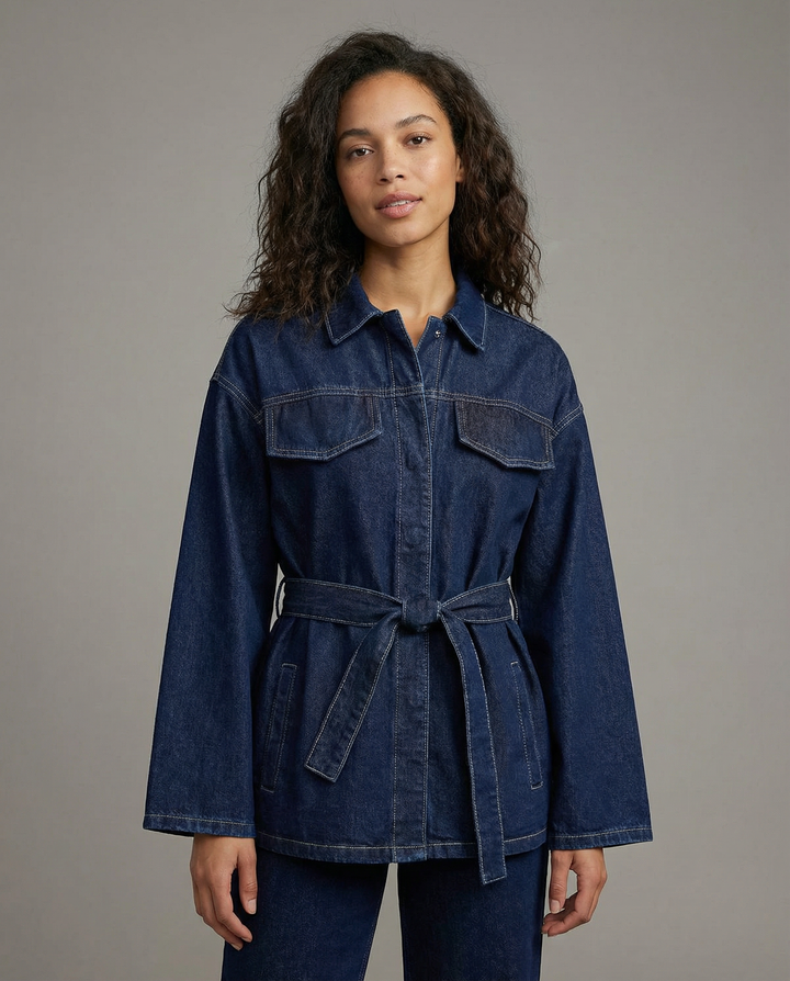 Denim Utility Jacket with Tie Belt