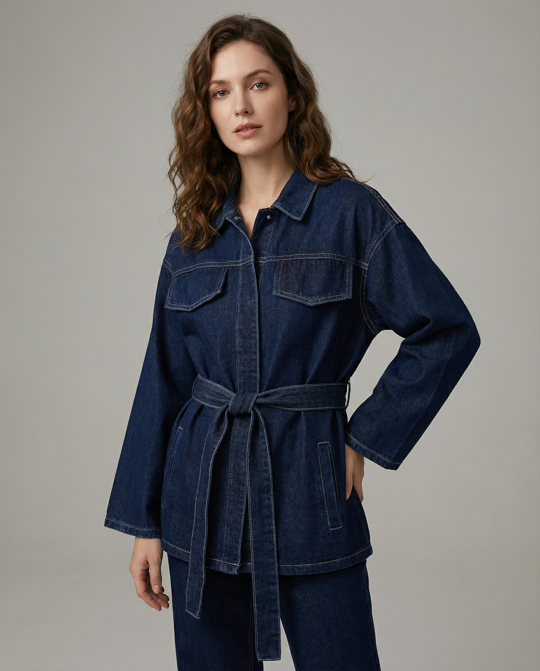 Denim Utility Jacket with Tie Belt