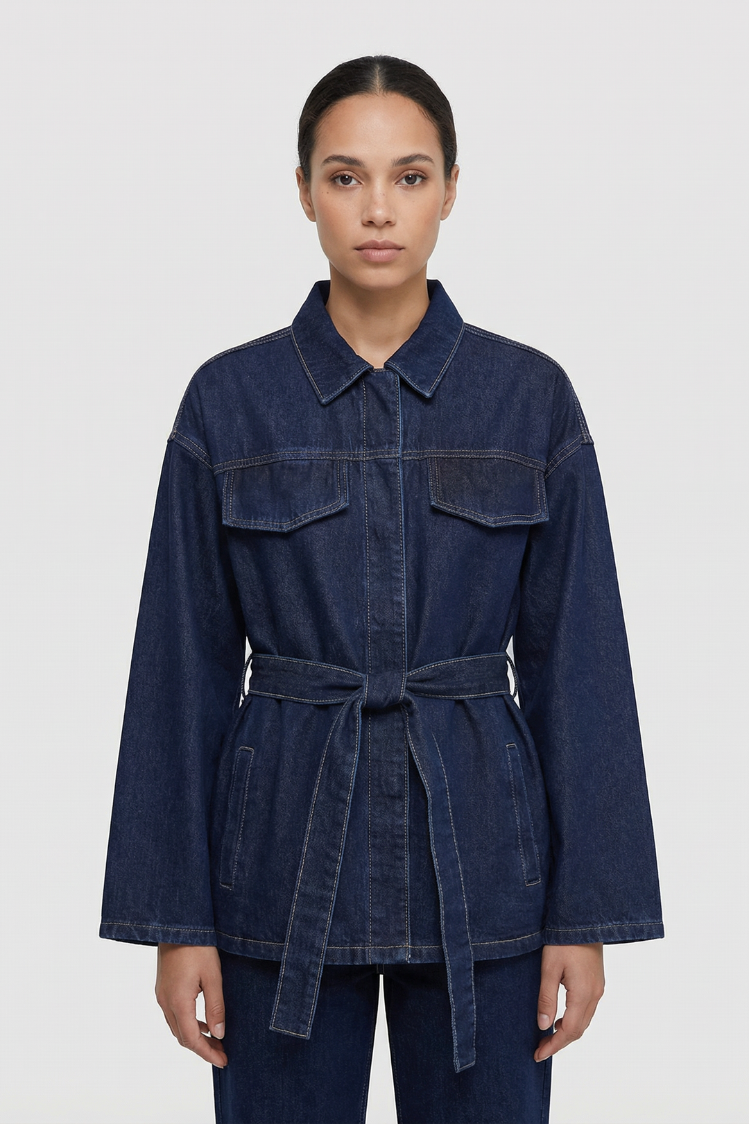 Denim Utility Jacket with Tie Belt
