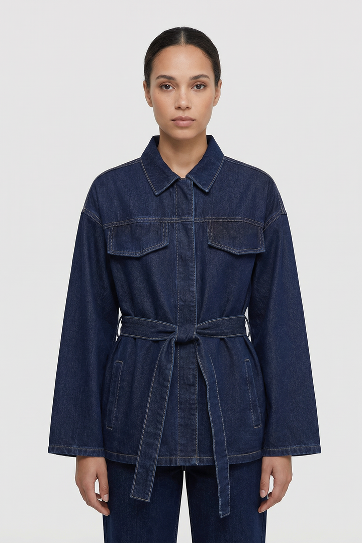 Denim Utility Jacket with Tie Belt