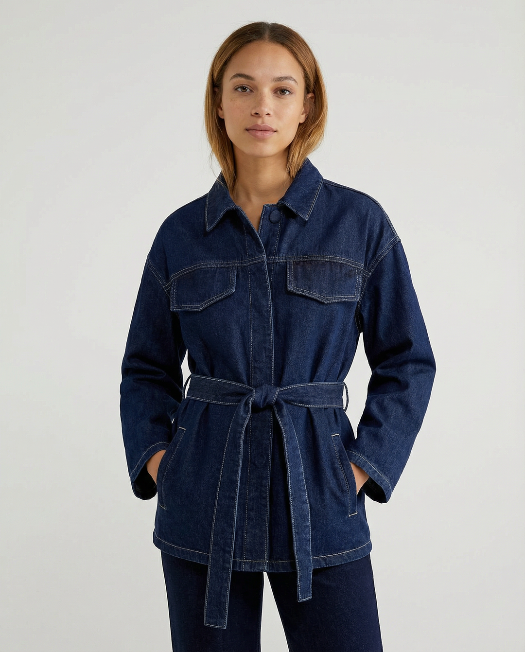 Denim Utility Jacket with Tie Belt