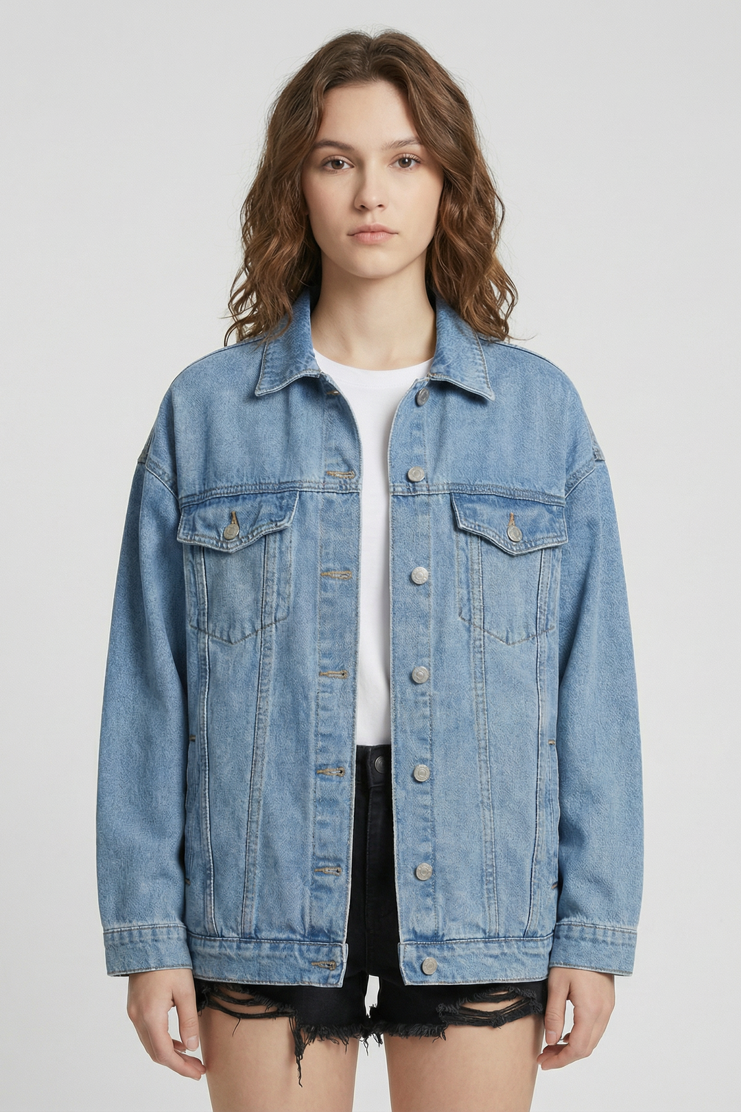 Oversized Denim Jacket with Classic Button-Front Design