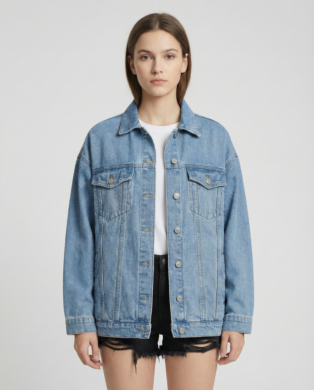 Oversized Denim Jacket with Classic Button-Front Design