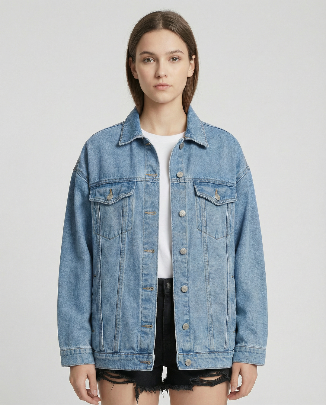 Oversized Denim Jacket with Classic Button-Front Design