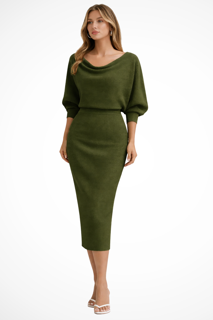 Charlotte | Women's Draped Batwing Sleeve Midi Elegant Dress