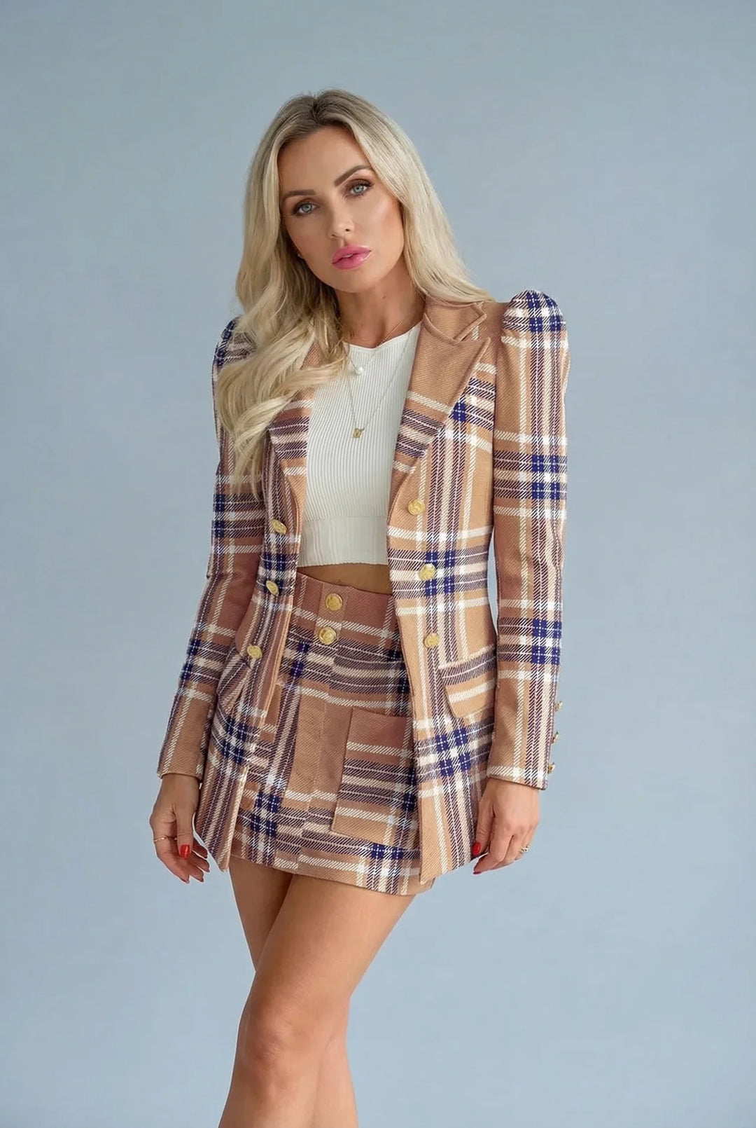 Checked Co-Ord Set Blazer Mini Skirt Double Breasted