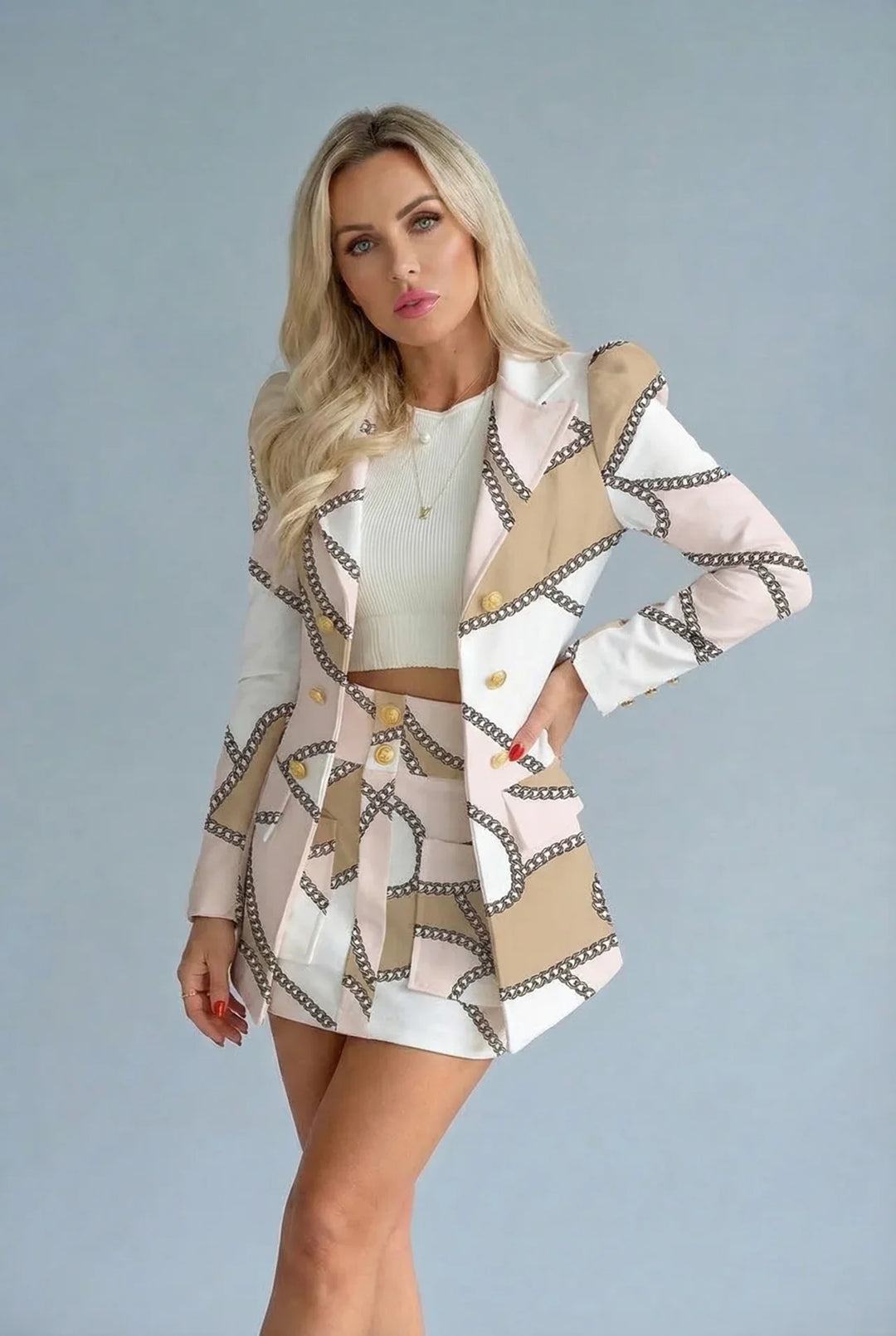 Checked Co-Ord Set Blazer Mini Skirt Double Breasted