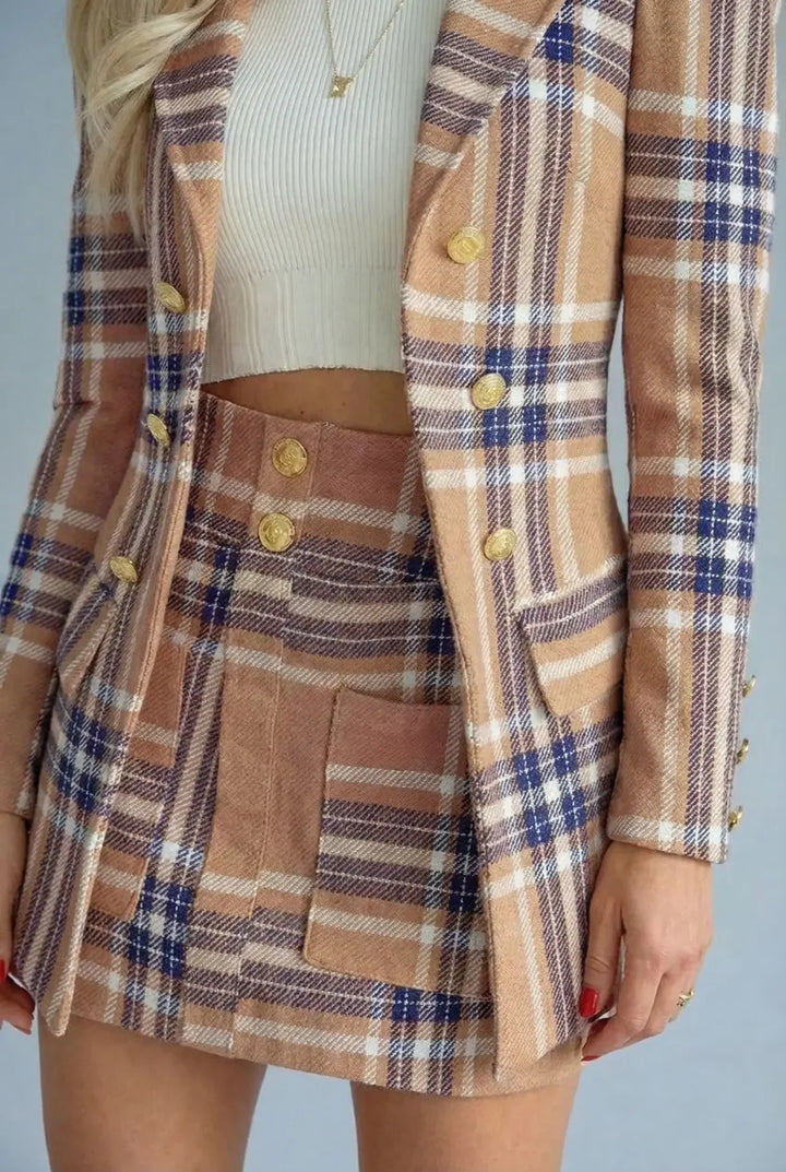 Checked Co-Ord Set Blazer Mini Skirt Double Breasted