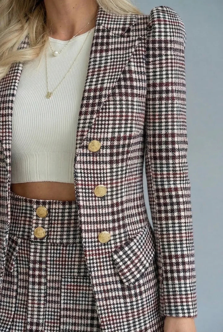 Checked Co-Ord Set Blazer Mini Skirt Double Breasted