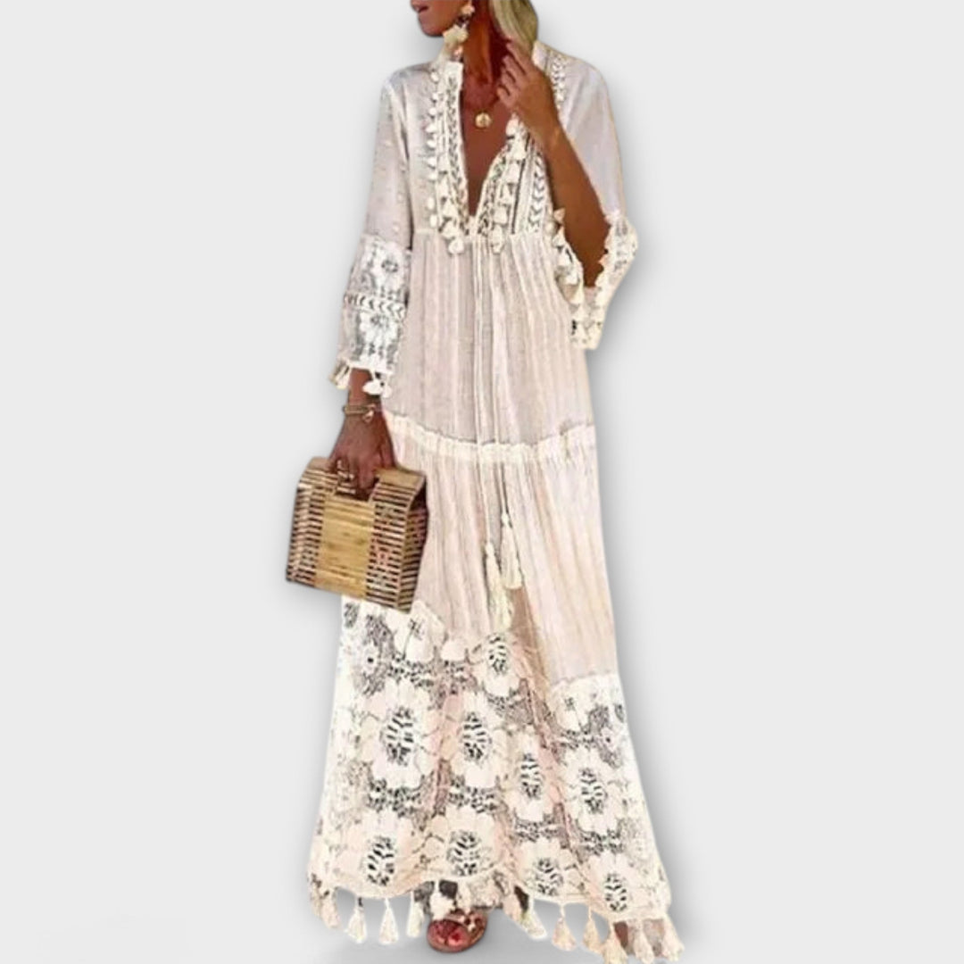 Classic Bohemian-Style Long Dress with Long Sleeves, Lace and Tassels