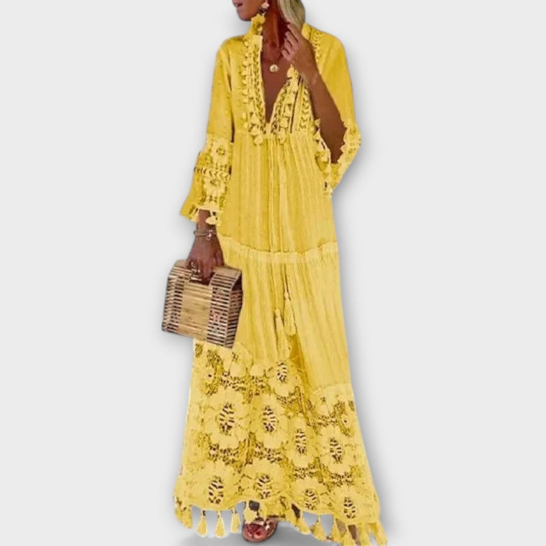 Classic Bohemian-Style Long Dress with Long Sleeves, Lace and Tassels