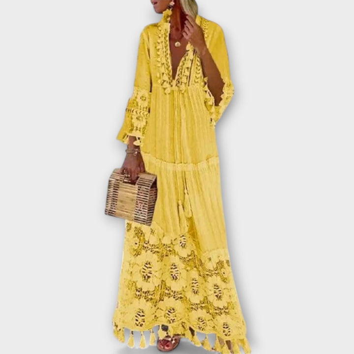 Classic Bohemian-Style Long Dress with Long Sleeves, Lace and Tassels