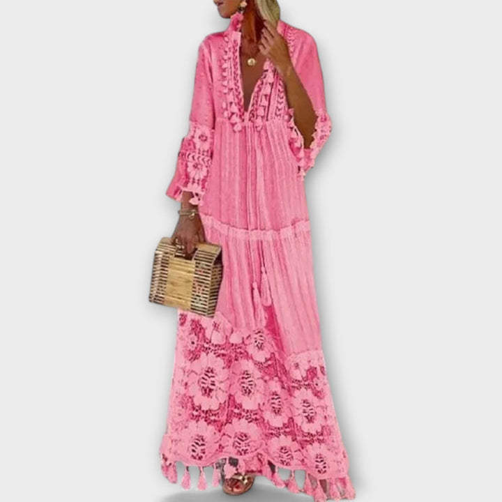 Classic Bohemian-Style Long Dress with Long Sleeves, Lace and Tassels