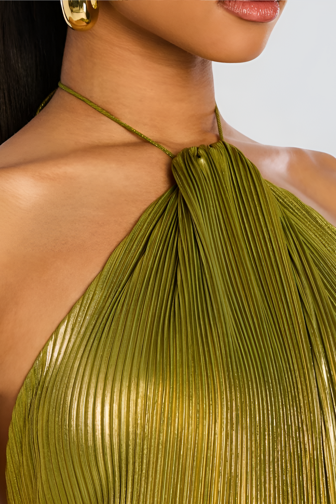 Metallic Pleated Halter Maxi Dress