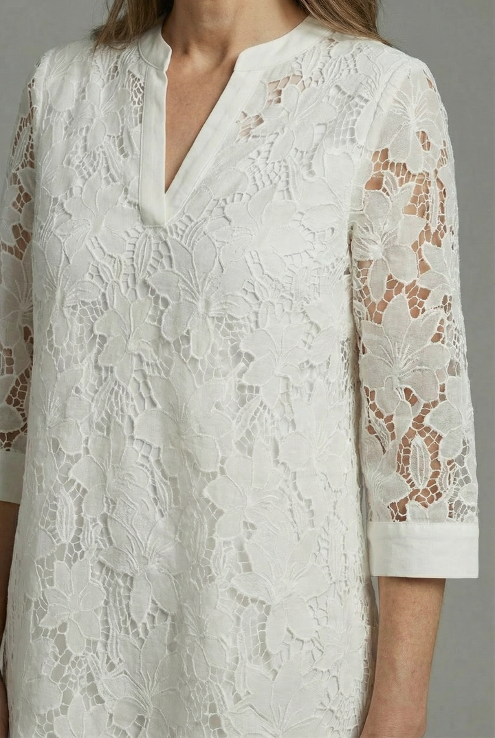 Women's Embroidered Midi Dress – Elegant Lace Detail & Relaxed Everyday Fit