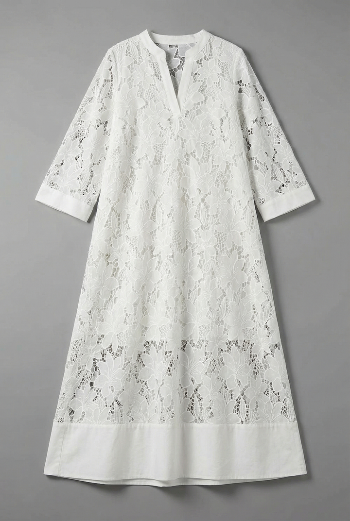 Women's Embroidered Midi Dress – Elegant Lace Detail & Relaxed Everyday Fit