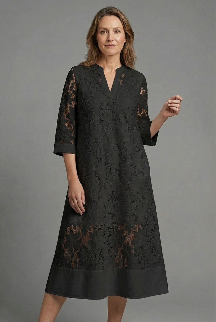 Women's Embroidered Midi Dress – Elegant Lace Detail & Relaxed Everyday Fit