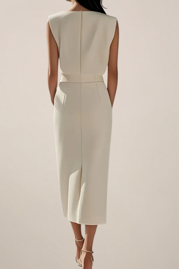 Elegant Midi Dress with Button Detail and Side Slit