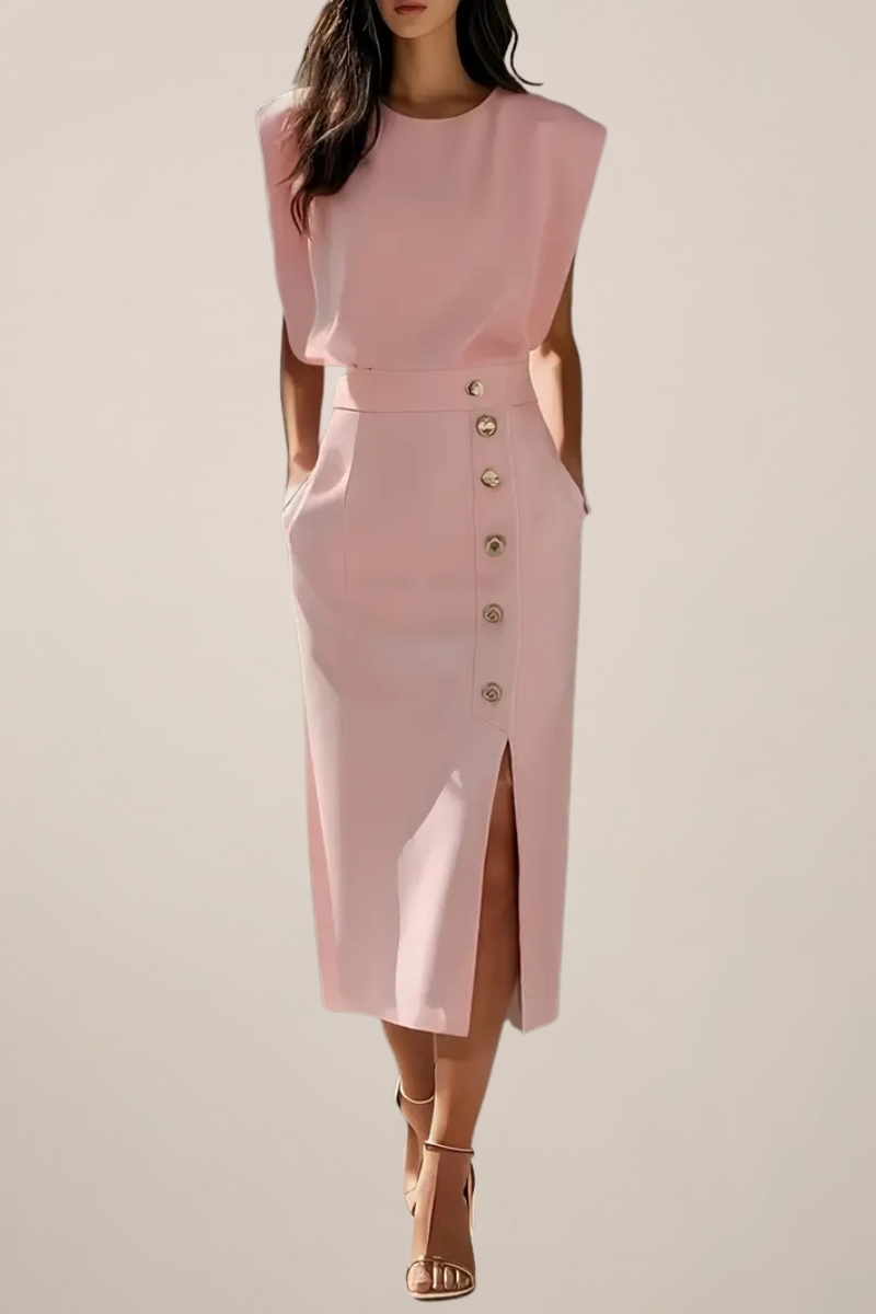 Elegant Midi Dress with Button Detail and Side Slit