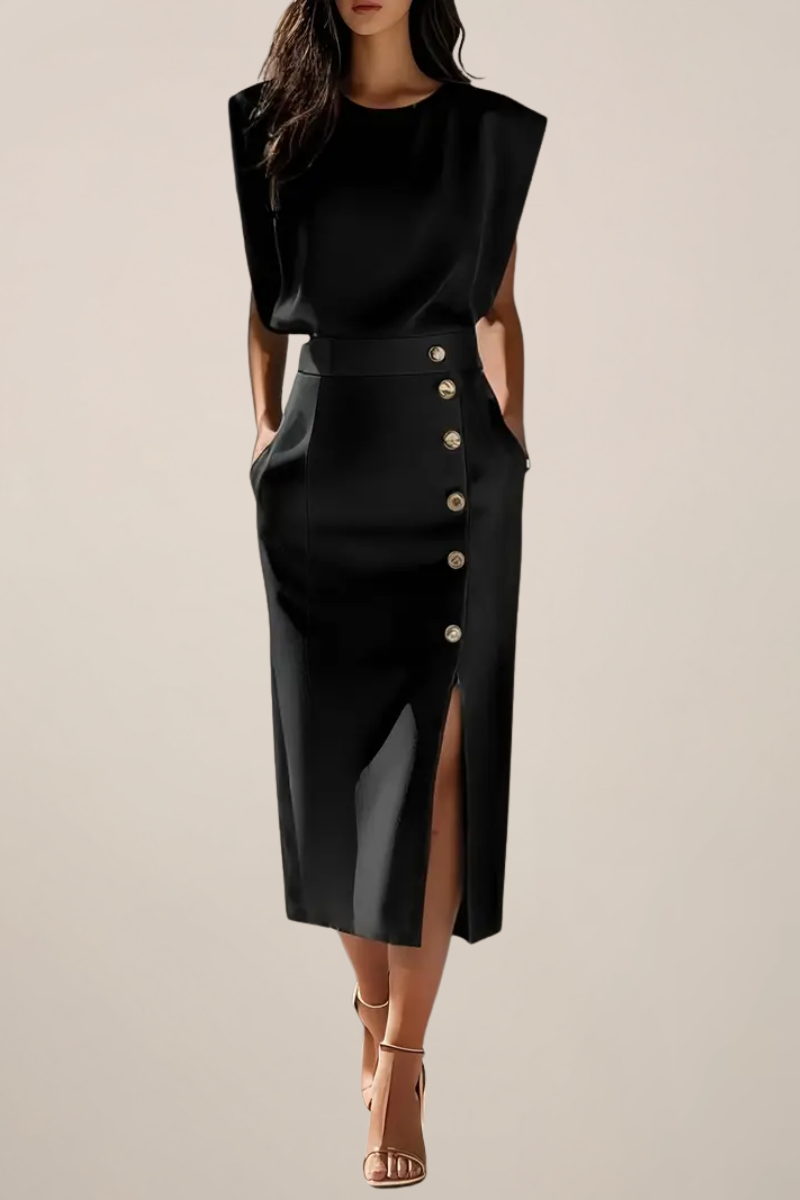 Elegant Midi Dress with Button Detail and Side Slit