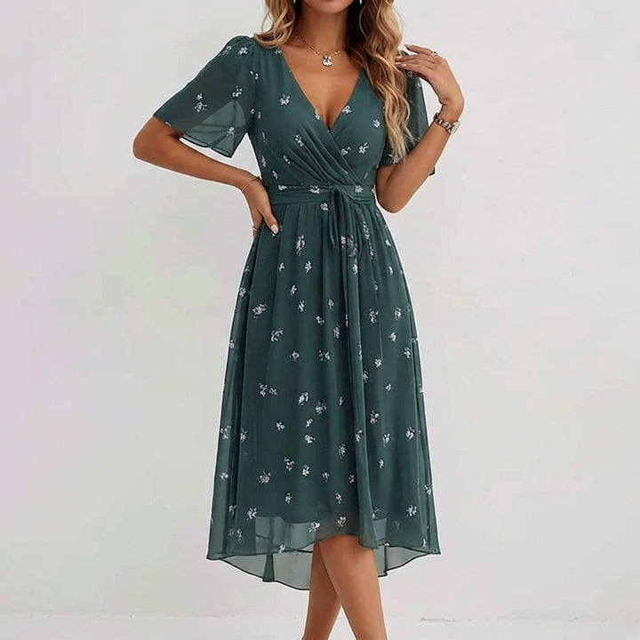Miriam Floral V-Neck Midi Dress | Emerald Green Short Sleeve A-Line Dress