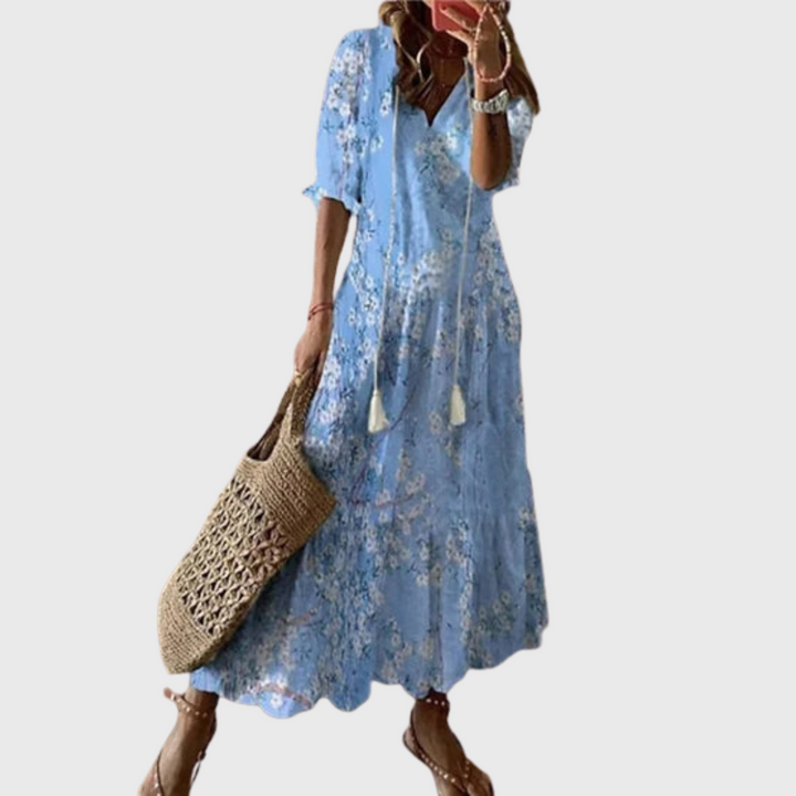Béatrice | Boho Vintage Dress with V-Neck and Button Pattern