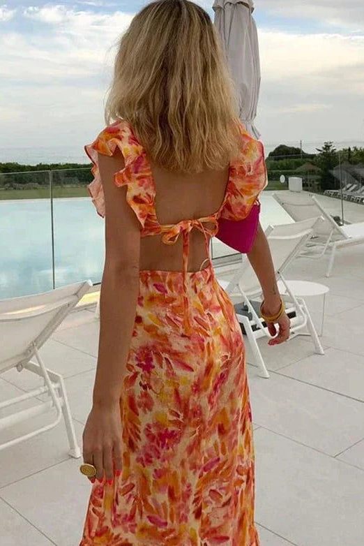 Summer Cocktail Maxi Dress with Ruffles and Florals