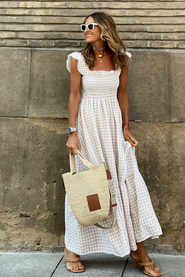 Smocked Gingham Maxi Dress With Ruffle Sleeves