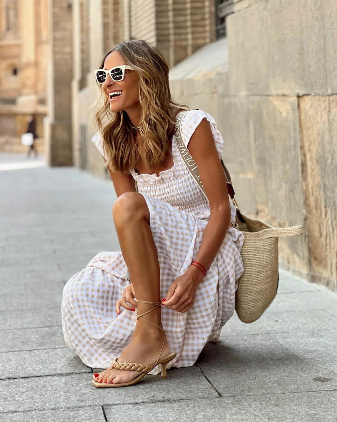 Smocked Gingham Maxi Dress With Ruffle Sleeves