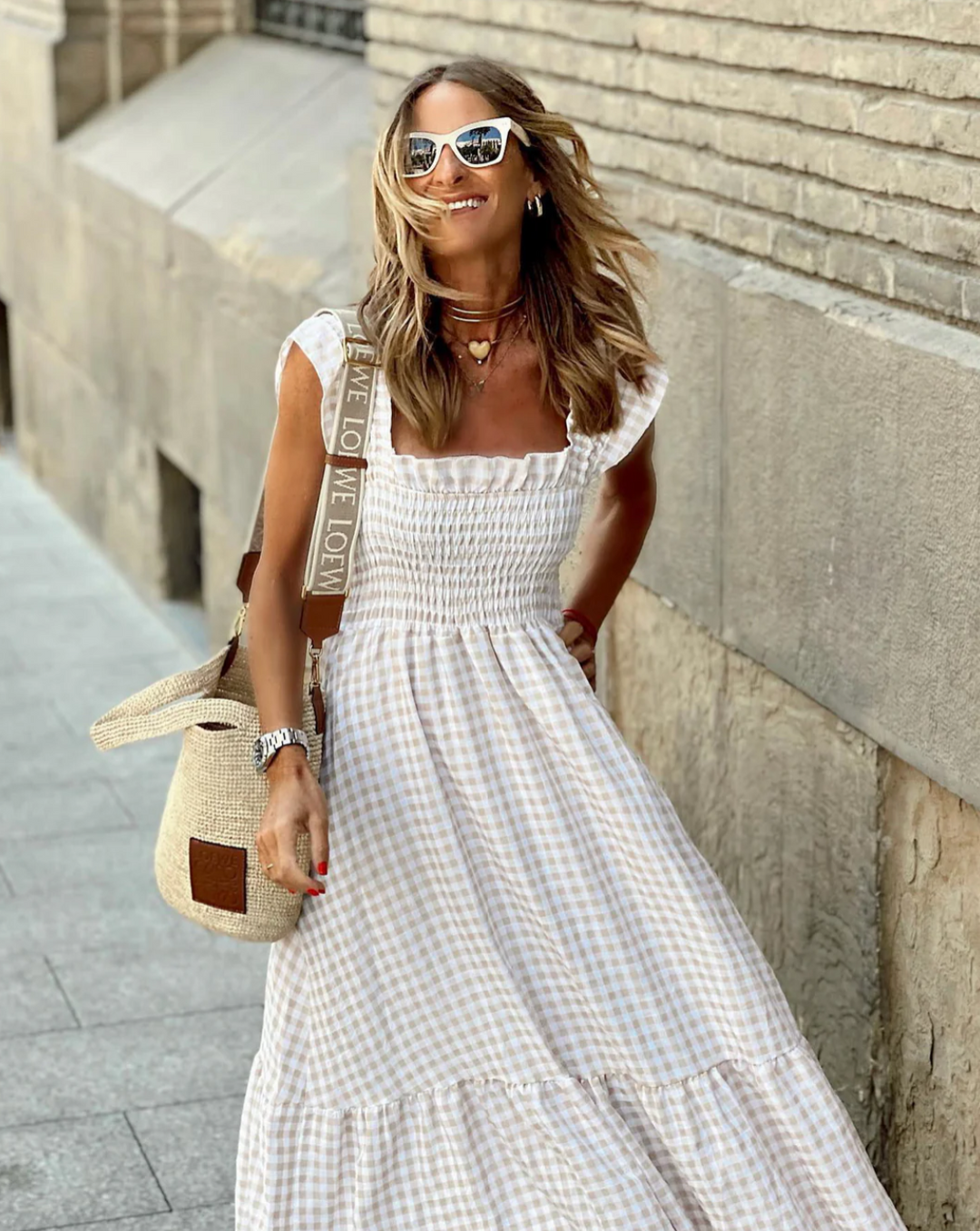 Smocked Gingham Maxi Dress With Ruffle Sleeves