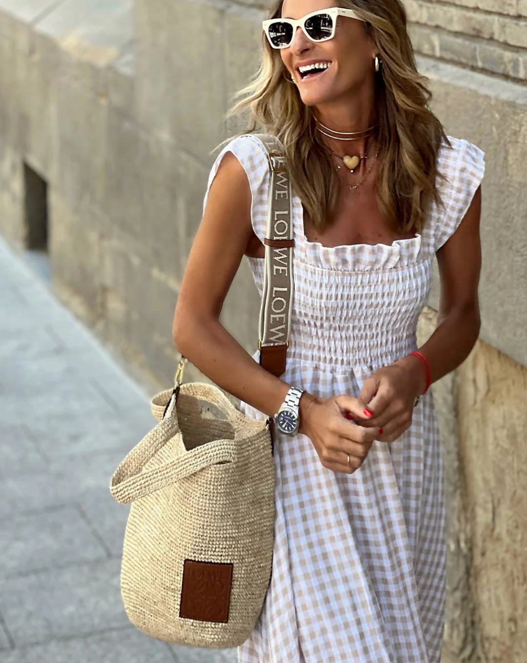 Smocked Gingham Maxi Dress With Ruffle Sleeves