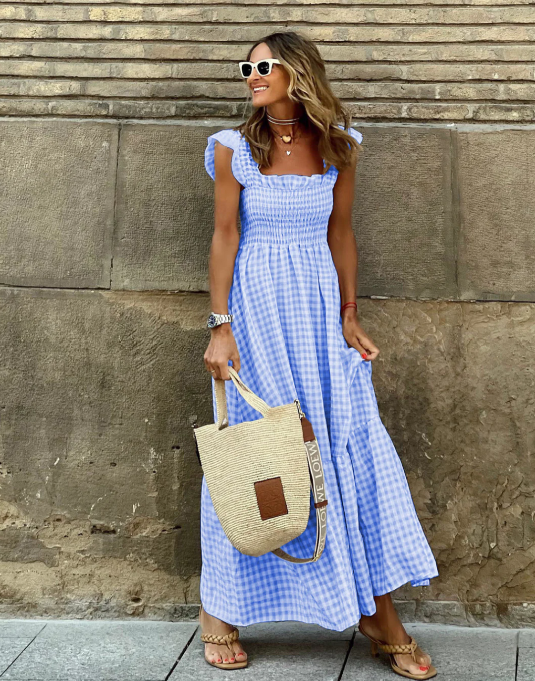 Smocked Gingham Maxi Dress With Ruffle Sleeves